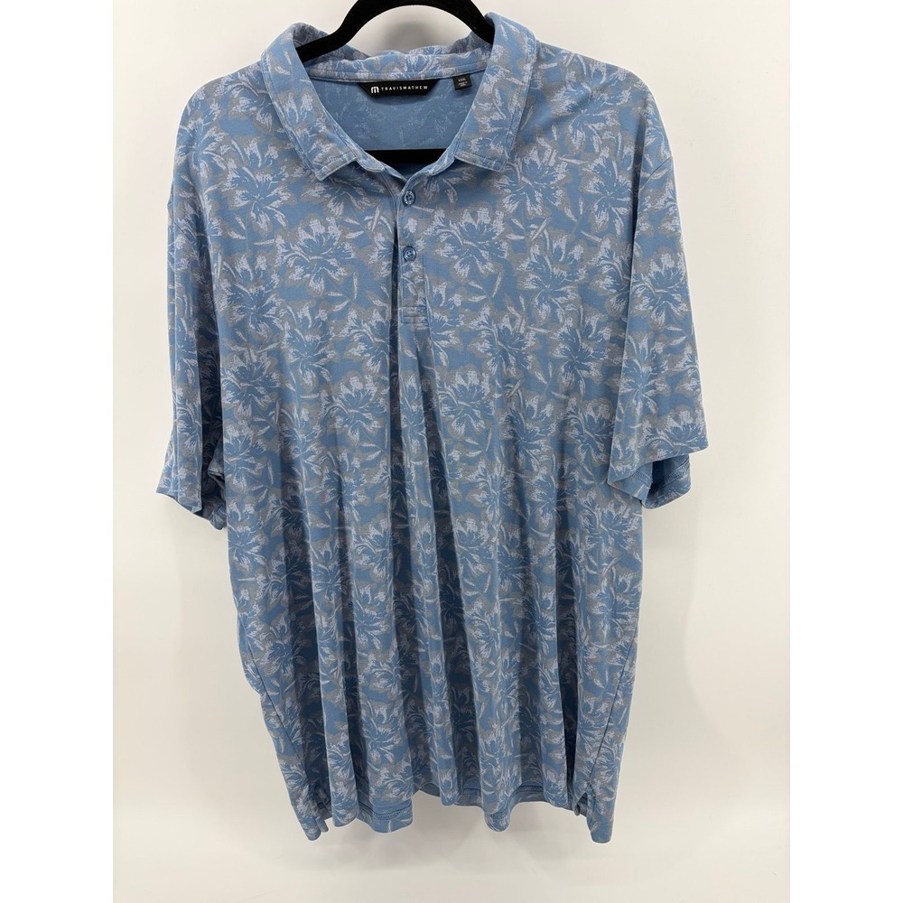 Travis Mathew Polo Shirt, Blue Knit Floral Pima Golf/Preppy/Logo, Men XXXL